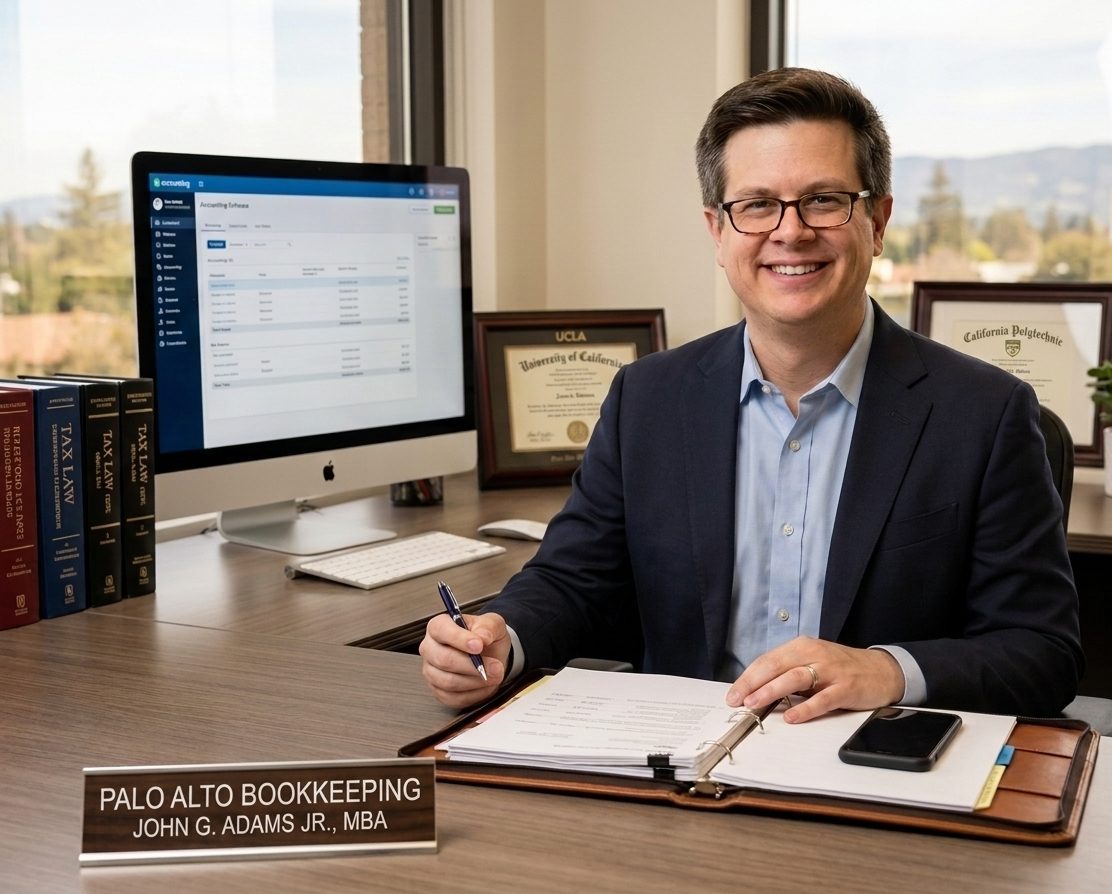 John G. Adams Jr., MBA at Palo Alto Bookkeeping desk
